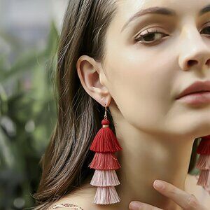 Bohemian Handmade Tassel Earrings – Peach Pink Multi-Layer Statement